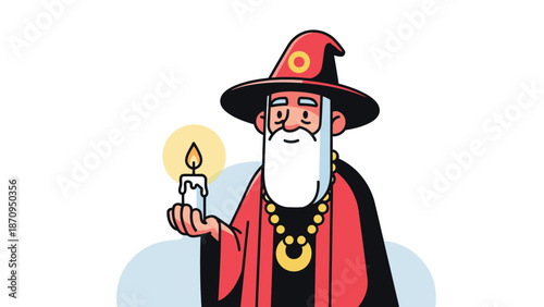 A wise cartoon old wizard in a red robe and hat holds a glowing candle, illuminating the scene with a gentle light.