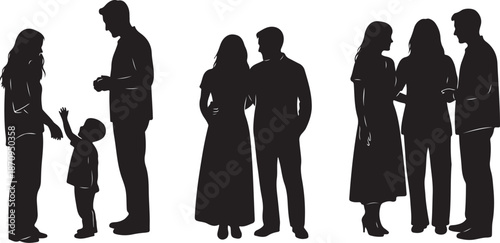 Silhouettes of people standing in various social groups together
