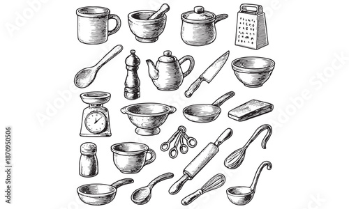 Hand Drawn Kitchen Utensils Cookware Baking Tools Vector Set