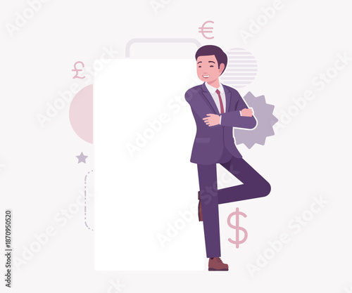 Asian businessman, financial consulting service currency trader blank banner. Stockbroker market dealer investment advisor vector flat style cartoon illustration, dollar, euro, pound currency