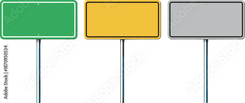 Blank road signboards set with green yellow and gray panels on poles, isolated traffic signage templates for navigation and direction design