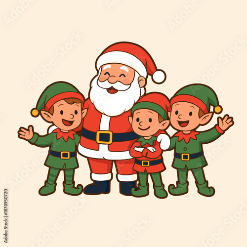 Santa Claus standing with cheerful Christmas elves in a cute festive illustration