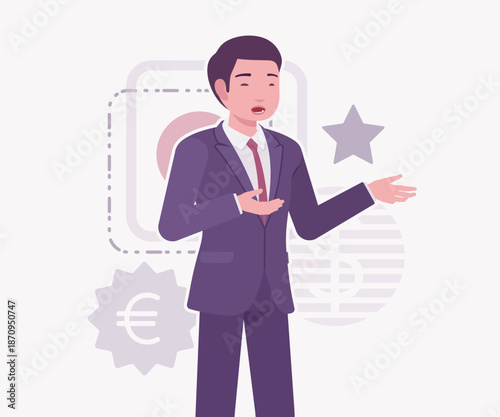 Asian businessman, financial consulting service currency trader talk pose. Stockbroker market dealer investment advisor vector flat style cartoon illustration, dollar, euro, pound currency background