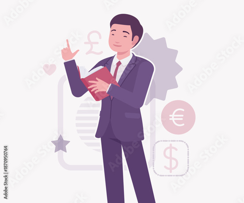 Asian businessman, financial consulting service currency trader book read. Stockbroker market dealer investment advisor vector flat style cartoon illustration, dollar, euro, pound currency background