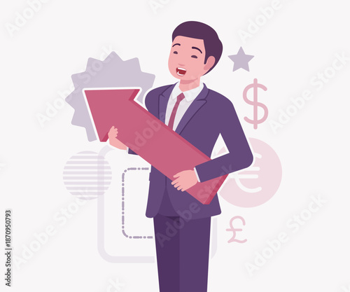 Asian businessman, financial consulting service currency trader arrow. Stockbroker market dealer investment advisor vector flat style cartoon illustration, dollar, euro, pound currency background