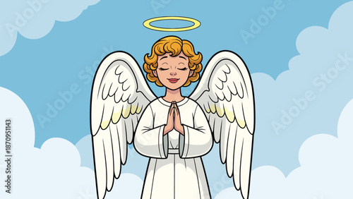A beautiful cartoon angel woman with white wings and a golden halo stands peacefully, hands pressed in prayer, under a blue sky.