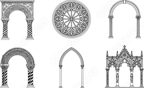 Detailed gothic and classical architectural arches illustration set featuring ornate columns, cathedral windows, medieval arcades, and decorative stonework elements