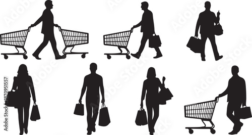 Silhouettes of people shopping with carts and bags