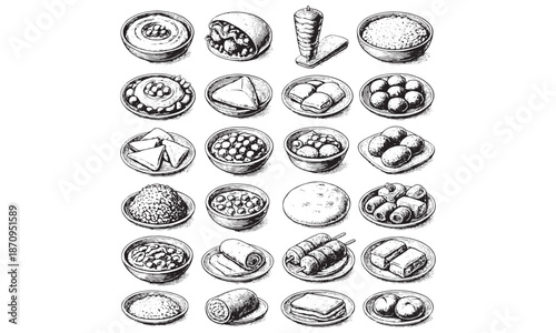 Hand Drawn Asian Food Sushi Dim Sum Noodle Bento Set