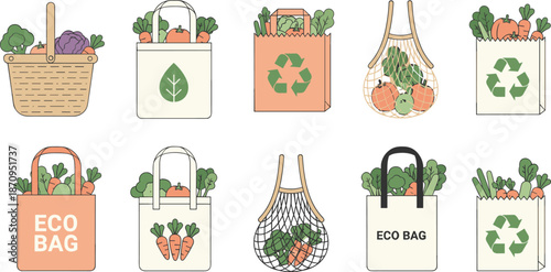 Eco friendly reusable shopping bag collection with fresh vegetables, zero waste lifestyle concept, sustainable grocery totes and mesh bags vector illustration