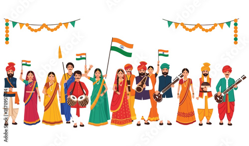 Indian cultural celebration with traditional attire and flags
