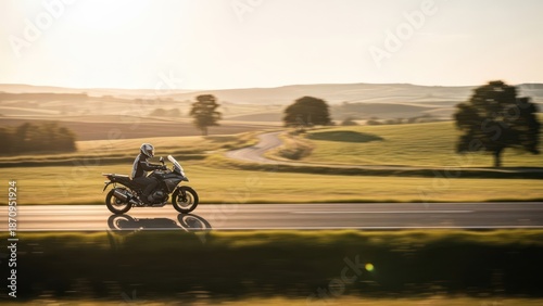 Motorcycle riding on a scenic country road at sunset with beautiful natural light.