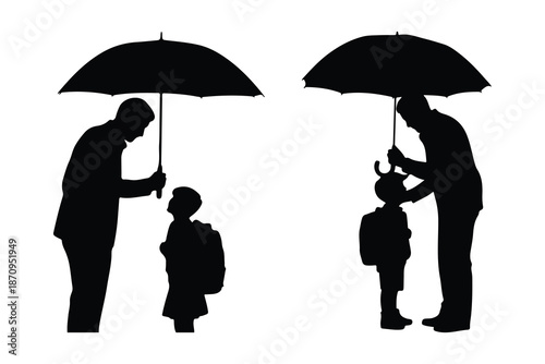 Two Adults and Child with Umbrellas and Backpacks Silhouette