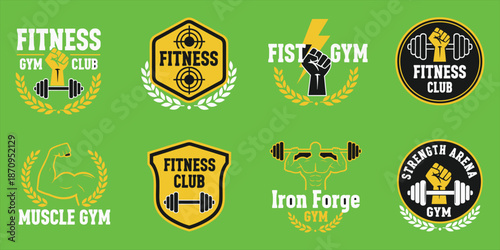 Fitness gym logo and badge collection with dumbbells, fists and muscle symbols, modern bodybuilding, strength training and sports club vector design
