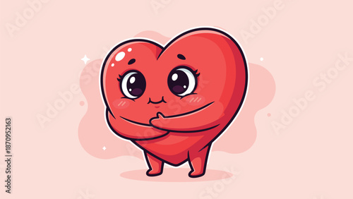 An adorable and very happy cartoon heart character with wide eyes and rosy cheeks hugs itself on a pink background.