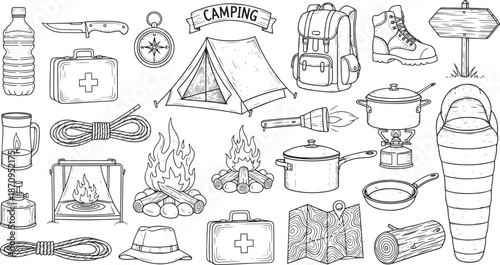 Outline drawing camping equipment with tent and campfire on transparent background