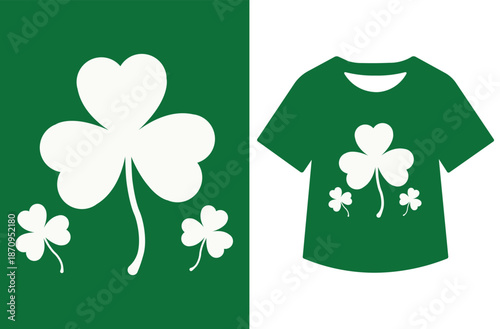 Large white shamrock with stem flanked by three smaller shamrocks on emerald green background, displayed alone and on green T-shirt mockup. Simple vector icon perfect.