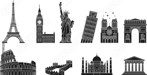 Famous world landmarks silhouettes set including Eiffel Tower Big Ben Statue of Liberty Colosseum Taj Mahal and Great Wall vector icons