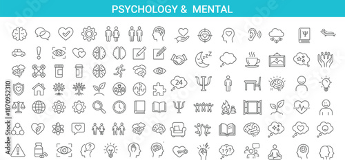 Psychology and mental health line icon set featuring brain, therapy, wellness, emotions, mindfulness, stress management, care symbols for medical, education, app, website, infographic