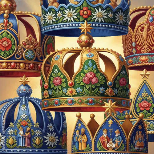 Regal Crowns Collection, Decorative Royal Headwear, Ornate Symbolism