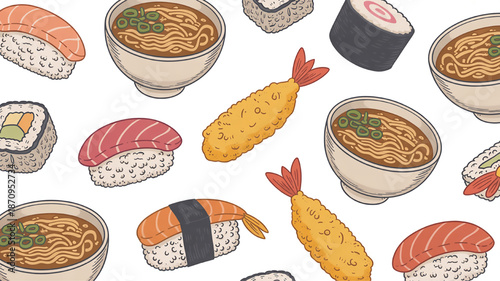 Assortment of Japanese food including sushi and ramen in a seamless pattern for culinary backgrounds and restaurant menus