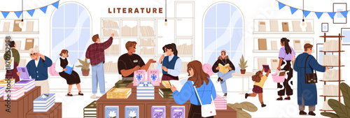 Customers choose on bookshelves and buy books in bookstore. Buyers take novels and fictions in bookshop. People make choice of stories for reading in library or marker. Flat vector illustration