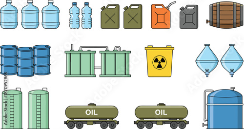 Industrial liquid storage containers set including water bottles oil barrels fuel cans tanks cisterns and hazardous waste bins vector illustration