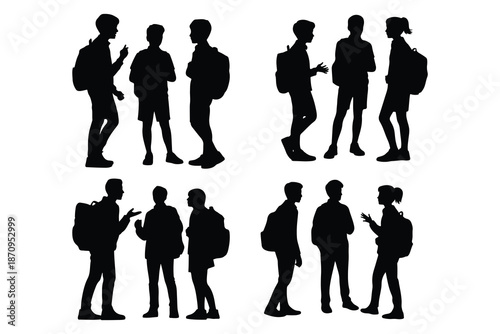 Black silhouettes of students with backpacks standing and talking