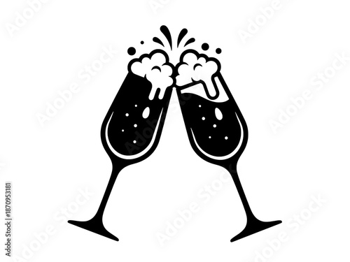 Black champagne glasses clinking silhouette isolated on transparent background, illustrated as a festive vector graphic symbol representing celebration and toast moments.