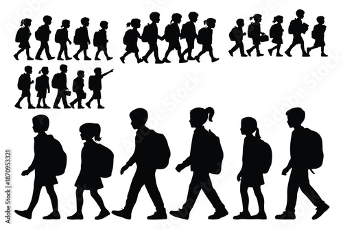 Silhouettes of children walking with backpacks school