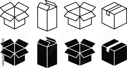 Open and closed cardboard box icon set in outline and solid styles for packaging shipping storage and delivery concepts