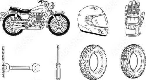 Motorcycle equipment and repair tools illustration set with bike, helmet, gloves, tires, wrench and screwdriver, detailed mechanical line art design