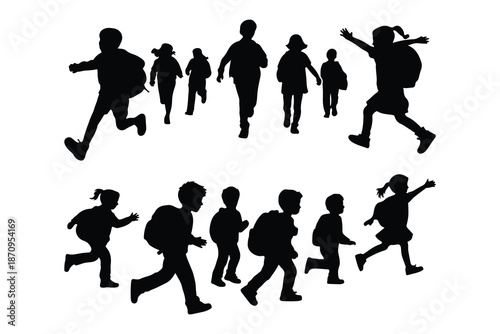 Silhouettes of children running and walking with backpacks