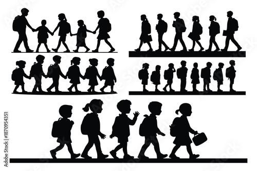 Silhouettes of children walking in lines with backpacks