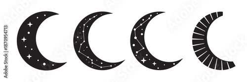 Set of four crescent moon icons showing different artistic styles. Four black crescent moons with decorative element. Vector illustration.