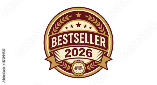 Grunge badge Bestseller 2026 isolated against white background.