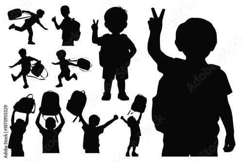 Silhouettes of children carrying backpacks and playing with sports equipment
