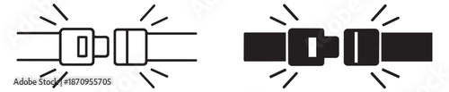 Line art and glyph icon set featuring seat belt buckle symbols with alert lines for safety and transportation designs