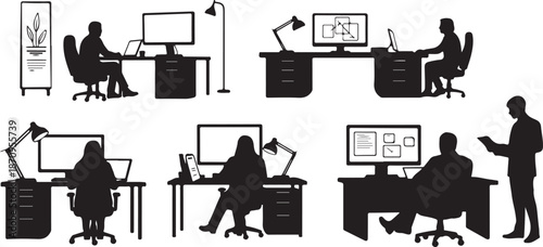Office Workers at Desks with Computers and Lighting