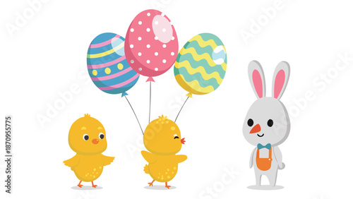 Easter bunny and chicks with colorful balloons