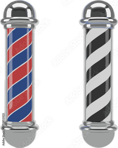 Vintage barber pole vector illustration, two glossy cylindrical barber poles with spiral stripes red white blue and black white, chrome highlights and reflections
