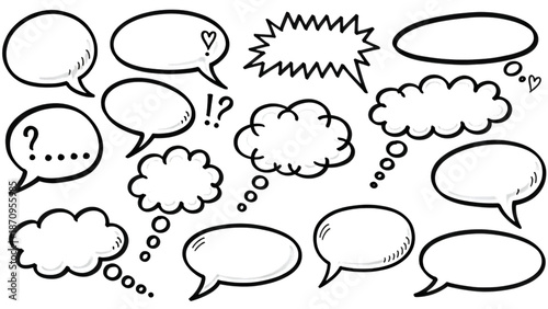 Collection of hand drawn speech and thought bubbles with various punctuation marks.