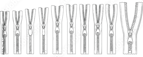 Zipper line art illustration set showing open and closed clothing fasteners, sewing and tailoring elements, detailed fashion accessory outline vector collection