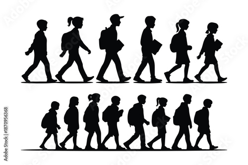 Silhouettes of children walking with backpacks in two rows
