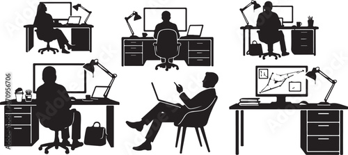 Silhouettes of people working at office desks with computers