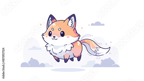 A delightful and fluffy orange and white cartoon fox with a bushy tail floats happily in a whimsical landscape surrounded by soft clouds.