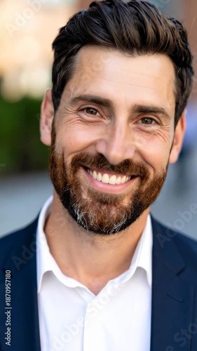 Close-up headshot of a cheerful, dark-haired man with a full, well-groomed beard wearing business attire looking directly at the camera.