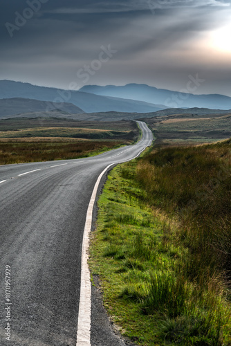 Abandoned Road Through Spectacular Rural Landscape Of Snowdonia National Park In North Wales, United Kingdom
