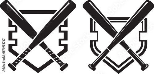 Crossed Baseball Bats and Home Plate Silhouette Icons for Sports Team Logos and Athletics Branding
