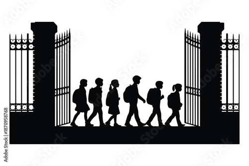 Silhouettes of students walking through an open gate